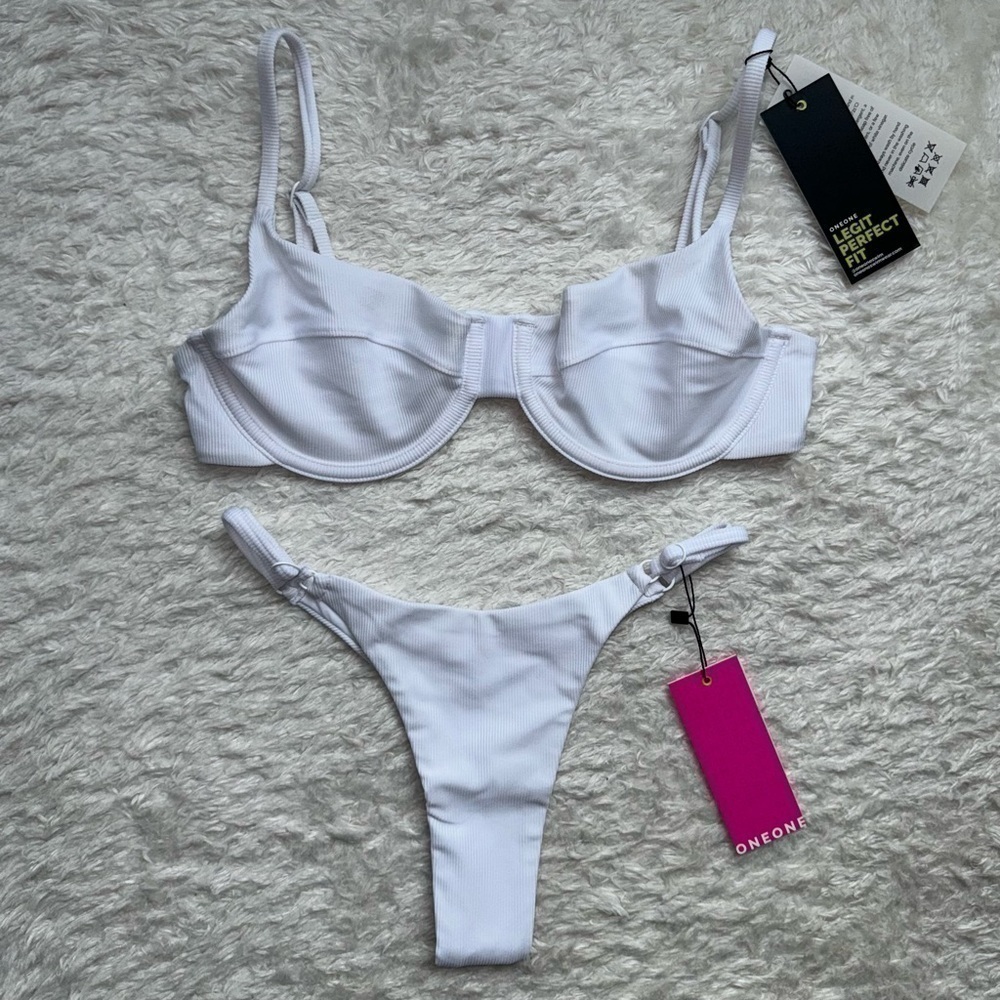 NWT OneOne Swimwear White Bikini SET Ribbed Lupita Alli NEW Ivory Bra Top Bottom - Picture 5 of 8